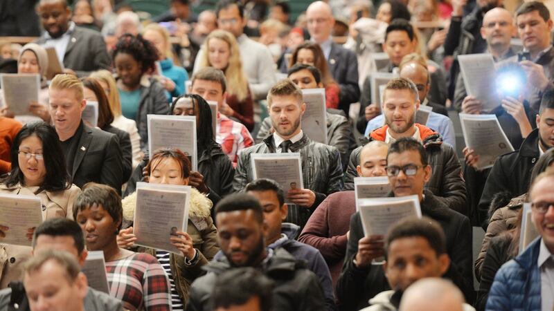 Candidates during a citizenship ceremony at the Convention Centre in Dublin. Photograph: Alan Betson/The Irish Times