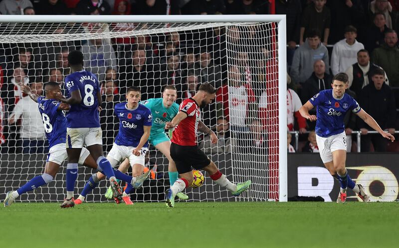 Adam Armstrong scores to put Southampton ahead against Everton at St Mary's Stadium. Photograph: Steven Paston/PA