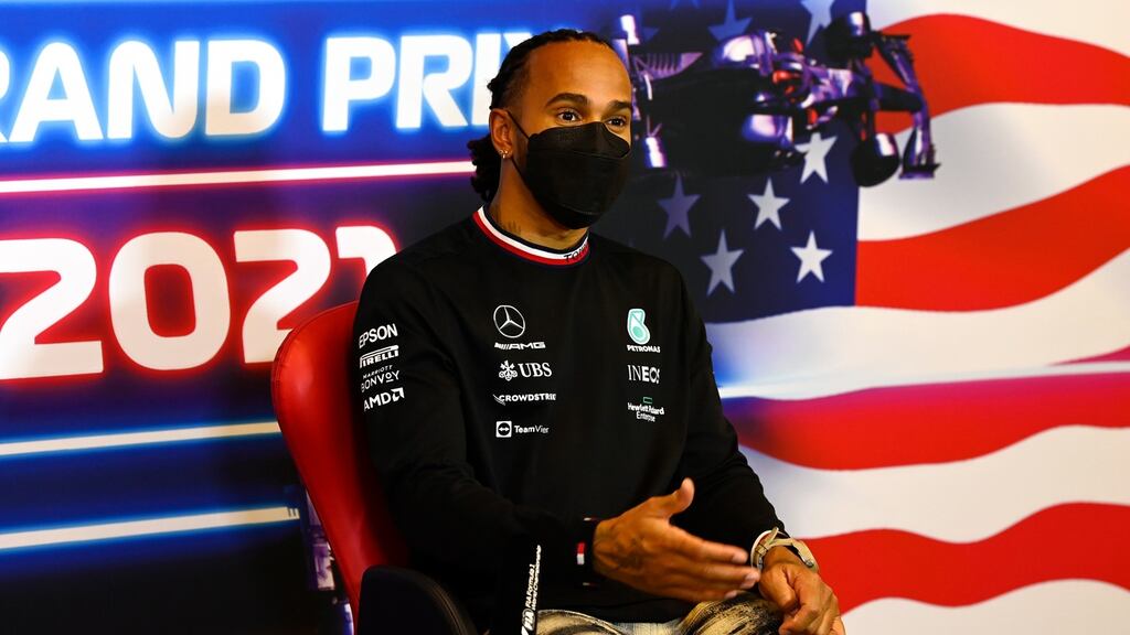 British driver Lewis Hamilton of Mercedes in the drivers’ press conference of the Formula One US Grand Prix. Photograph: Mark Sutton/EPA