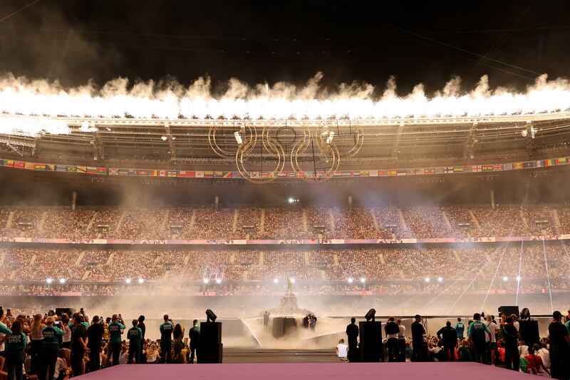 Pyrotechnics go off as the Olympic Rings are assembled during the closing ceremony of the Olympic Games Paris 2024 at Stade de France on Sunday. Photograph: Jamie Squire/Getty Images