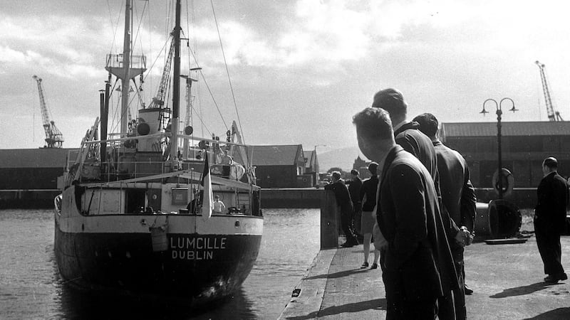 The M.V Columcille, loaded with 600 tons of food donated by Irish people for Biafra, leavingAlexandra Basin, Dublin, yesterday for West Africa. Photograph: Jimmy McCormack / THE IRISH TIMES .
