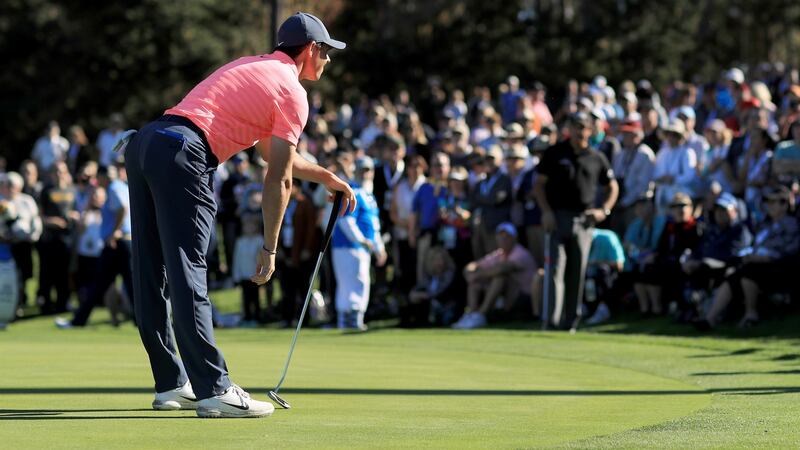 Rory McIlroy watches a putt during his opening round at the Pebble Beach Pro-Am. Photograph: Mike Ehrmann/Getty