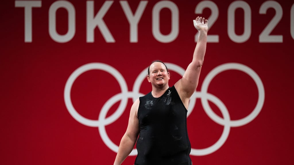 New Zealand’s   Laurel Hubbard  waves after a failed lift in the women’s +87kg weight-lifting competition in Tokyo.  Photograph:  Doug Mills/The New York Times