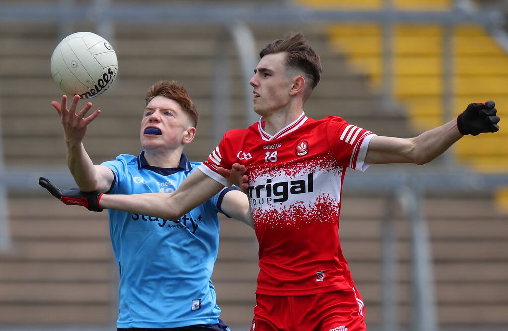 Derry's Padraig Hargan tackles Dublin's Senan Bolger in the All-Ireland minor quarter-finals. Photograph: Leah Scoles/Inpho