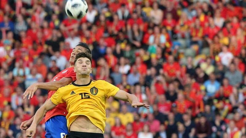 Belgium’s Thomas Meunier in action with Costa Rica’s Celso Borges during a recent friendly in Brussels. Photograph: Francois Walschaerts/Reuters