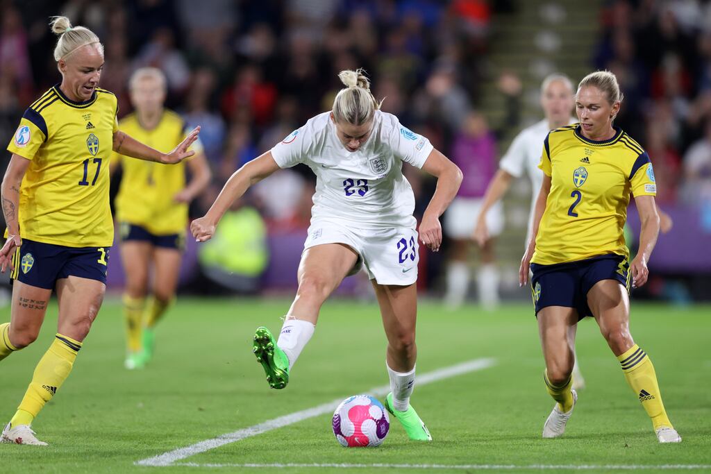 Alessia Russo backheels England's third goal during the Women's Euro 2022 semi-final match against Sweden at Bramall Lane. Photograph: Naomi Baker/Getty Images