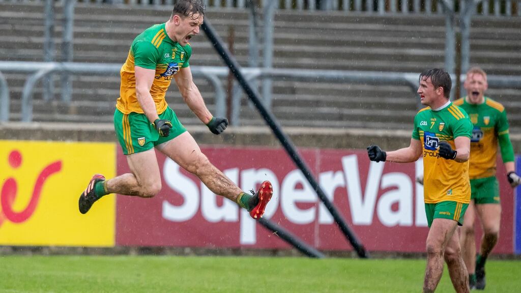 Hugh McFadden celebrates Donegal’s win over Tyrone in Ballybofey on Sunday. Photograph: Morgan Treacy/Inpho