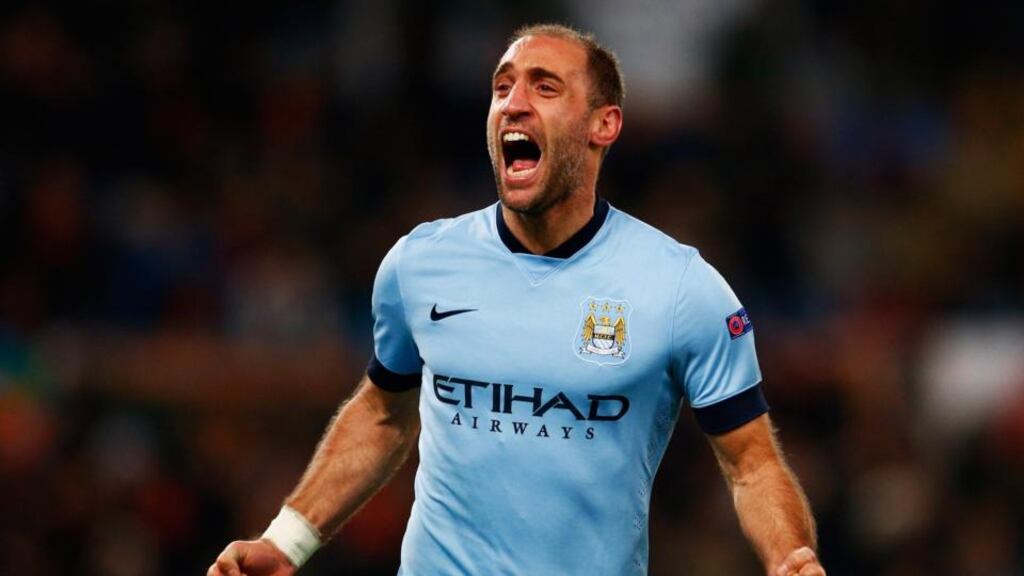 Manchester City’s Pablo Zabaleta celebrates scoring his side’s second goal. Photo: Julian Finney/Getty