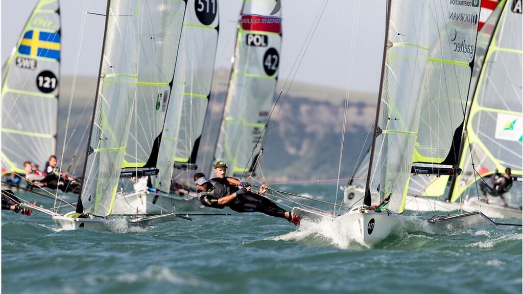 Robert Dickson and Sean Waddilove are competing in the 49er World Championship in Auckland. Photo: Sailing Energy