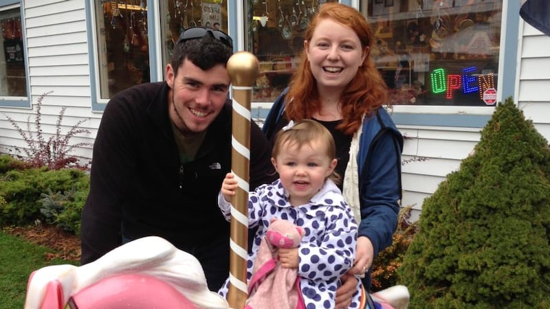 Sarah and Mike Walsh and their daughter Saidbh: ‘Saidbh was a January baby and you couldn’t guarantee ferry sailings wouldn’t be affected.’