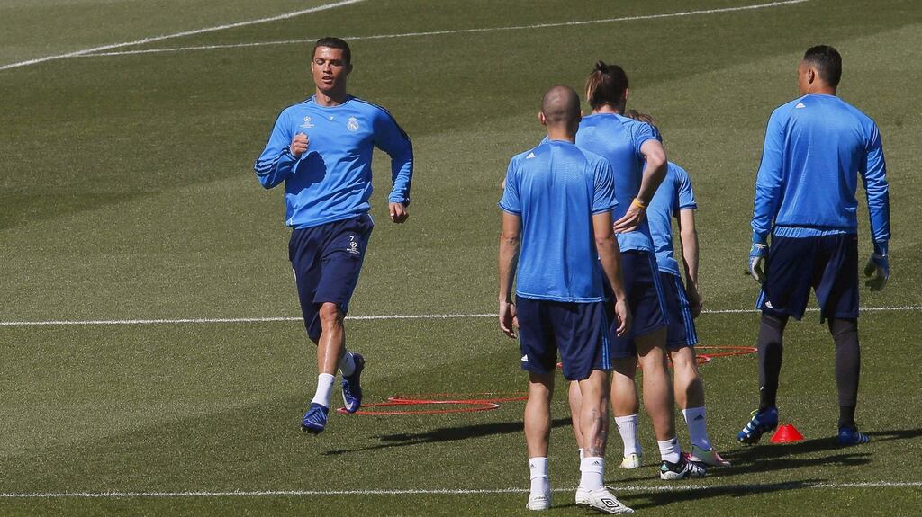 Ronaldo warms up during Real Madrid’s training session at the Valdebebas sports city ahead of the Champions League semi-final second leg against Manchester City on Wednesday. Photograph: Fernando Alvarado/EPA