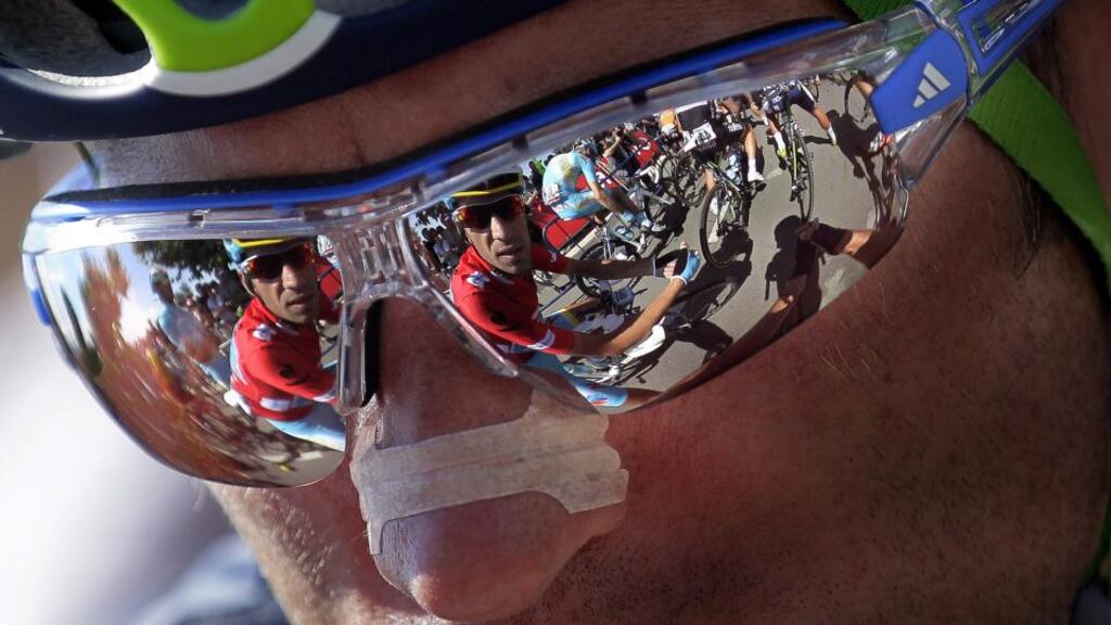 Vincenzo Nibali (Astan) is reflected in the glasses of another rider before yesterday’s stage. Photograph: Jose Jordan/AFP/Getty Images