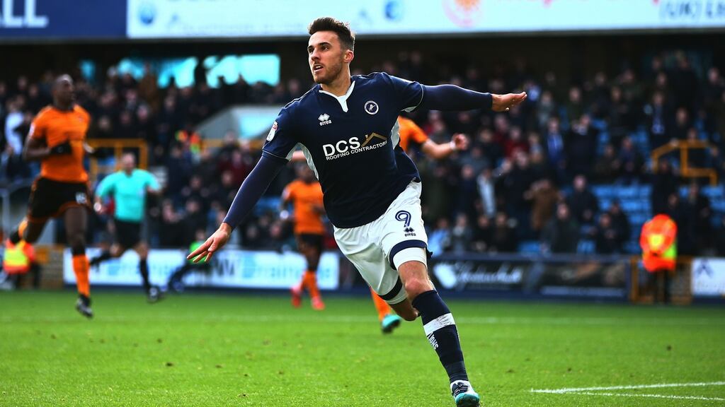 Lee Gregory of Millwall celebrates scoring against Wolves at The Den. Photograph: Jordan Mansfield/Getty Images