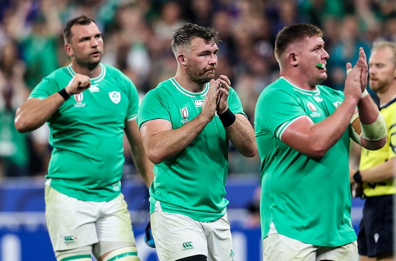 Ireland's Tadhg Beirne, Peter O'Mahony and Tadhg Furlong applauding fans as they make their way off the pitch after the game against Scotland. Photograph: Dan Sheridan/Inpho