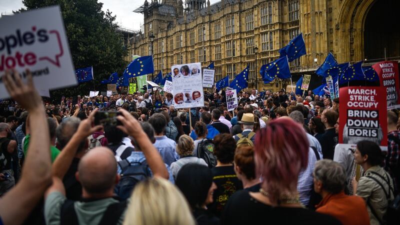 Pro-EU supporters protest on College Green in London on Wednesday after breaking through barriers Photograph: Peter Summers/Getty Images