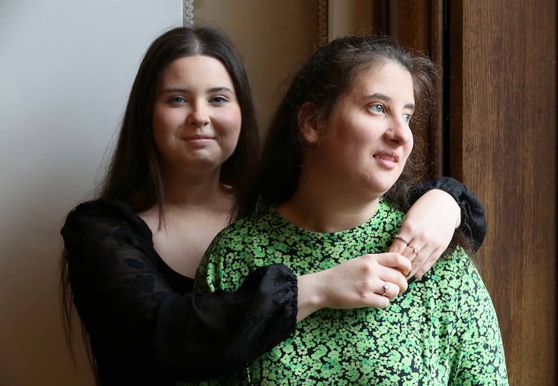 Leinster Young Family Carer of the Year Recipient Shannon Egan (16), from Co Westmeath with her sister who suffers from Koolen de Vries Syndrome. Photograph: Mark Stedman