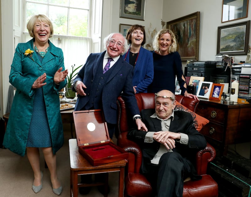 Saoi of Aosdána: Tom Murphy wears his torc with Sabina Higgins; President Michael D Higgins; his wife, Jane Brennan; and Orlaith McBride of the Arts Council. Photograph: Maxwellphotography.ie