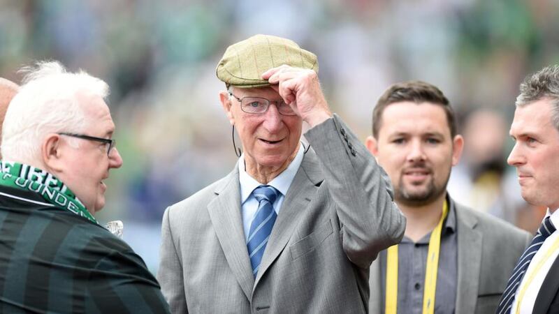 Jack Charlton is brought out to greet the fans ahead of the Ireland-England friendly at the Aviva Stadium. Photograph: Martin Rickett/PA Wire.