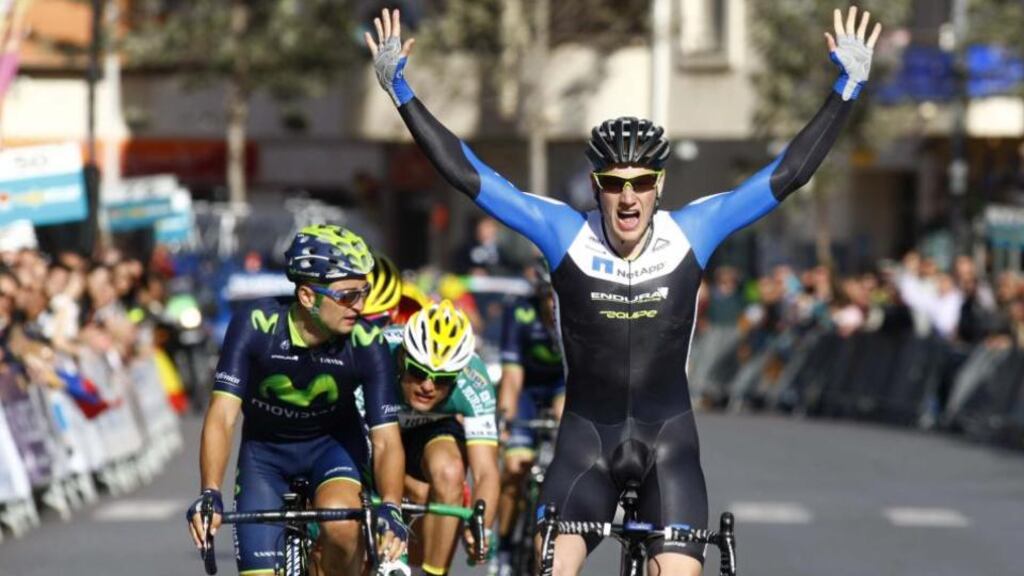 Ireland’s Sam Bennett crosses the finish line to win the Clásica de Almeria in Spain yesterday.