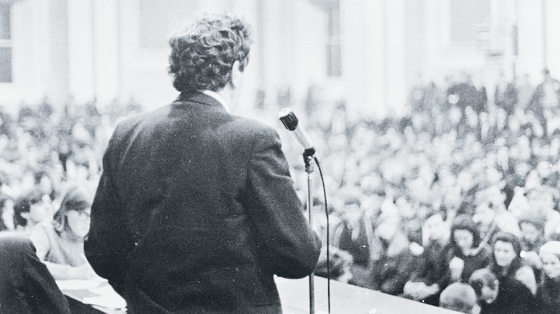 Garret Fitzgerald addresses students at UCD’s Earlsfort Terrace campus during the “gentle revolution” in 1968/69. Photograph: The Irish Times