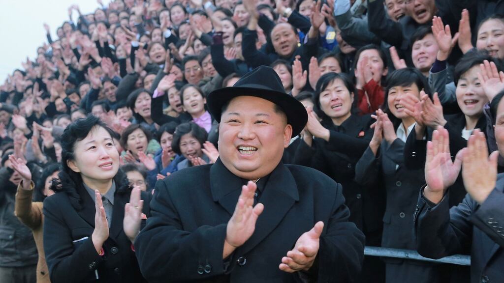 North Korean leader Kim Jong-un visiting the newly-renovated Pyongyang Teachers’ University in Pyongyang. Photograph: AFP/Korean Central News Agency via KNS