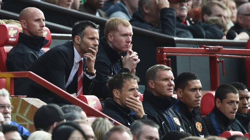 Interim Manchester United manager Ryan Giggs looks on from the dug out during the Barclays Premier League match against Norwich City at Old Trafford. Photograph: Laurence Griffiths/Getty Images