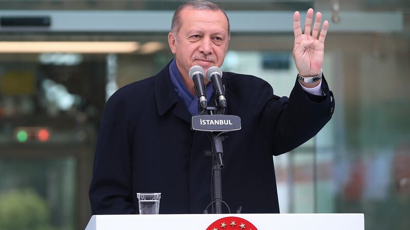 Turkish president Recep Tayyip Erdoganappears to suggest he will announce details of the Turkish investigation into the death of Jamal Khashoggi’s on Tuesday. Photograph: Presidential Press Service/AP