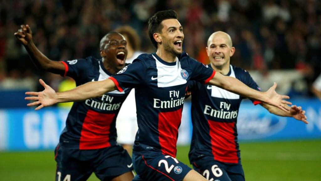 Paris St Germain’s Javier Pastore (centre) celebrates with team-mates after scoring that vital third goal.