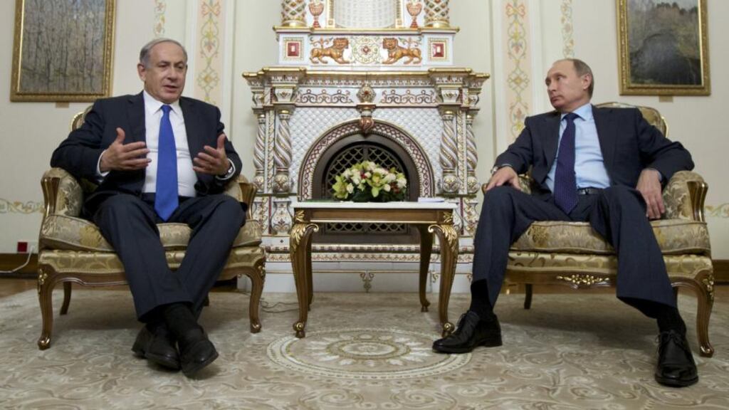 Israeli prime minister Benjamin Netanyahu speaks with Russian president Vladimir Putin during their meeting at the Novo-Ogaryovo state residence outside Moscow. Photograph: Ivan Sekretarev/Reuters