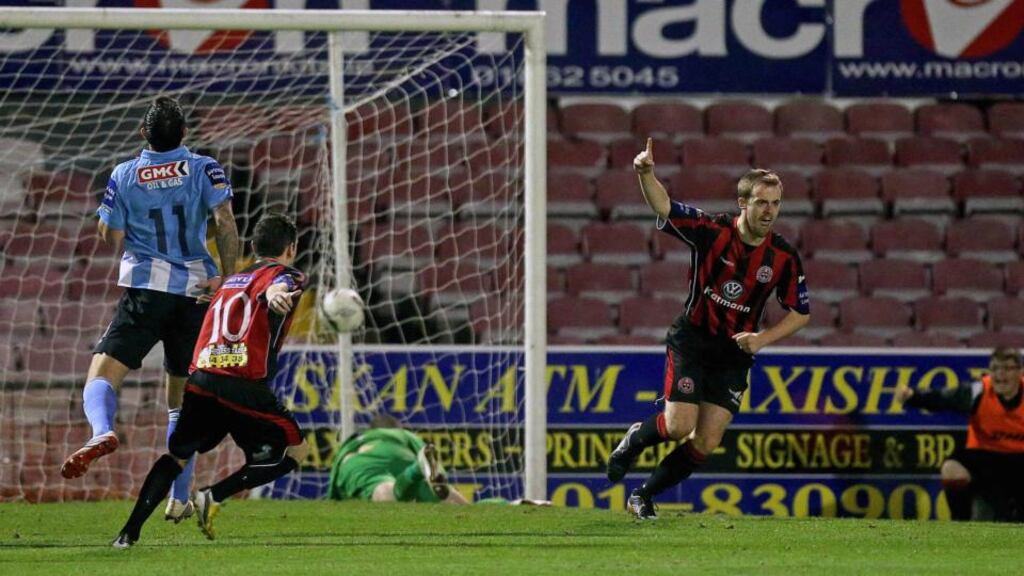 Ryan McEvoy celebrates scoring the first goal of the game for Bohemians from a penalty. Photograph: Ryan Byrne/Inpho