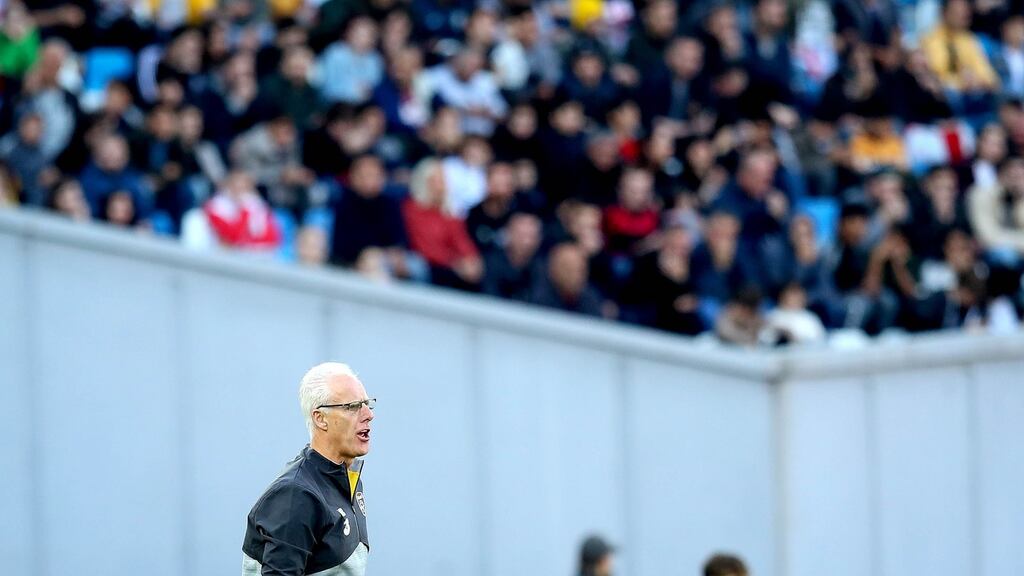 Republic of Ireland manager Mick McCarthy on the sideline during the Euro 2020 Group D qualifier against Georgia at the Boris Paichadze Arena in Tbilisi. Photograph: Ryan Byrne/Inpho