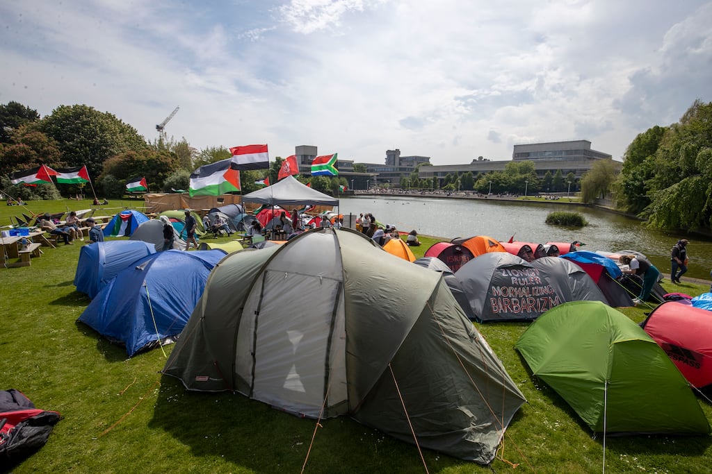 The pro-Palestine encampment at University College Dublin, set up by students on Saturday. Photograph: Tom Honan/The Irish Times
