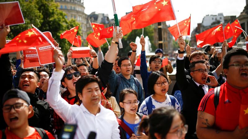 Demonstrators in support of the Chinese government stage a counter-demonstration against pro-democracy protests, in central London, Britain, on Saturday. Photograph: Henry Nicholls/Reuters