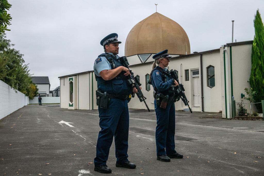 Armed police guarding Al Noor mosque after it officially reopened following the 2019 attack in Christchurch, New Zealand. Photograph: Carl Court/Getty Images