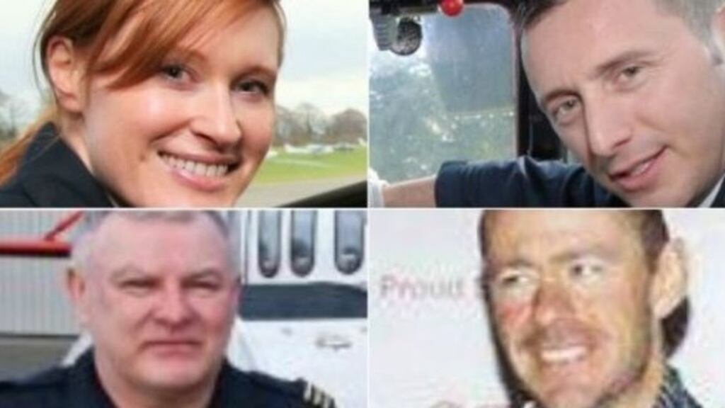 Helicopter crew (clockwise): Capt Dara Fitzpatrick, Mark Duffy, Ciarán Smith and Paul Ormsby. It is four months since their helicopter crashed off the north Mayo coast with the loss of all four crew members