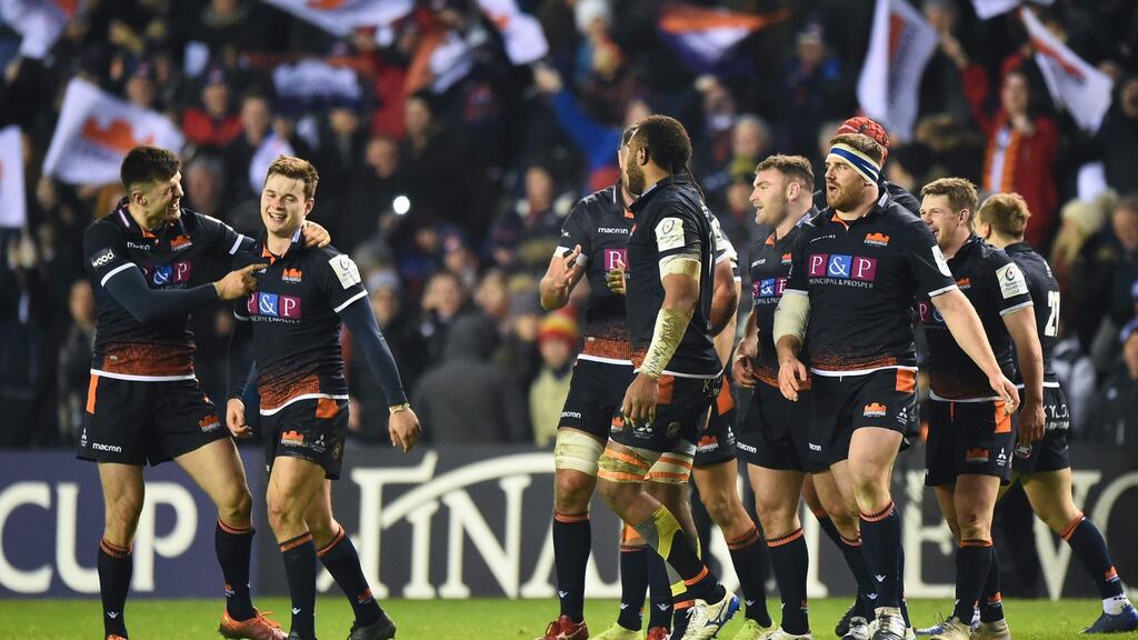 Edinburgh players celebrate their victory at the end of the Heineken Champions Cup Pool 5 match against Montpellier at Murrayfield. Photograph: Andy Buchanan/AFP/Getty Images