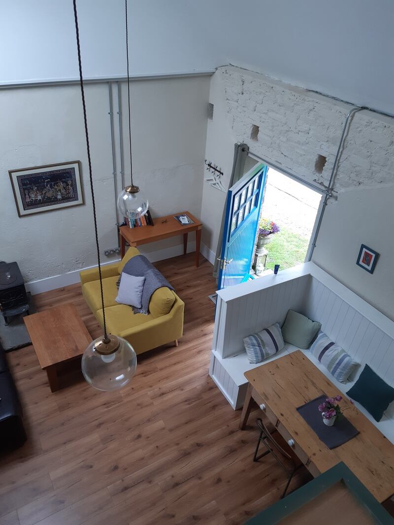 View from the mezzanine level of the barn’s open-plan area.