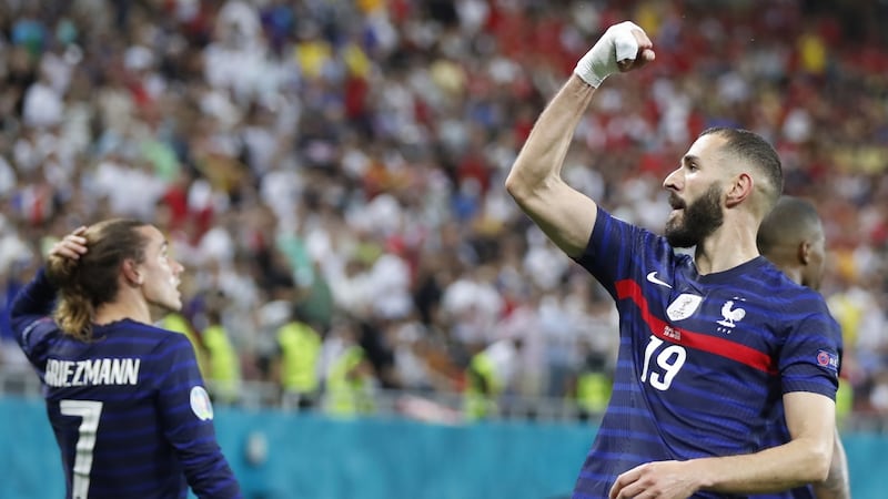 Karim Benzema celebrates firing France into the lead against Switzerland. Photograph: EPA