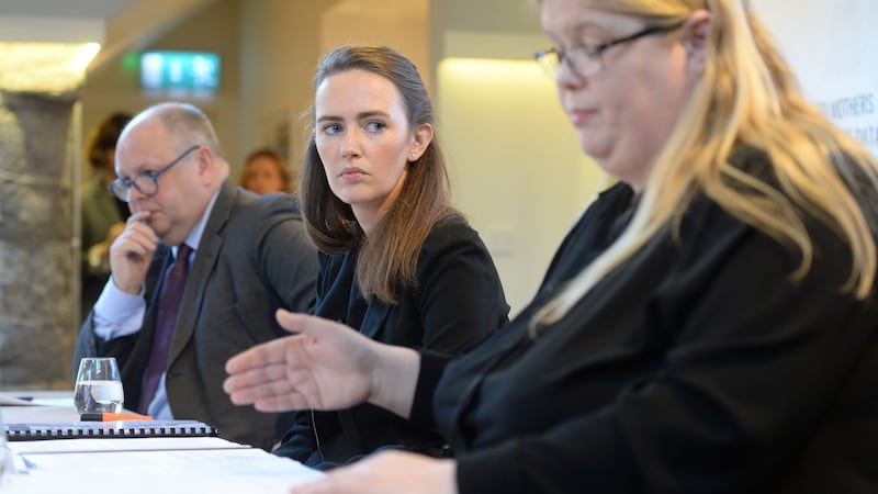 Claire McGettrick, co-director of the Clann Project, right, with Dr Maeve O’Rourke, co-director, Clann Project, and Rod Baker, of Hogan Lovells. Photograph: Dara Mac Dónaill / The Irish Times
