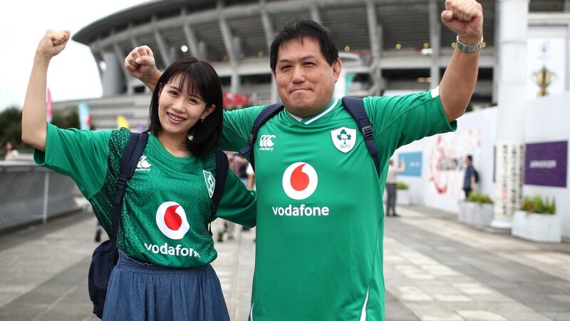 Fans pose for photographs prior to Ireland’s opening game against Scotland in Yokohama. Photograph: Cameron Spencer/Getty Images