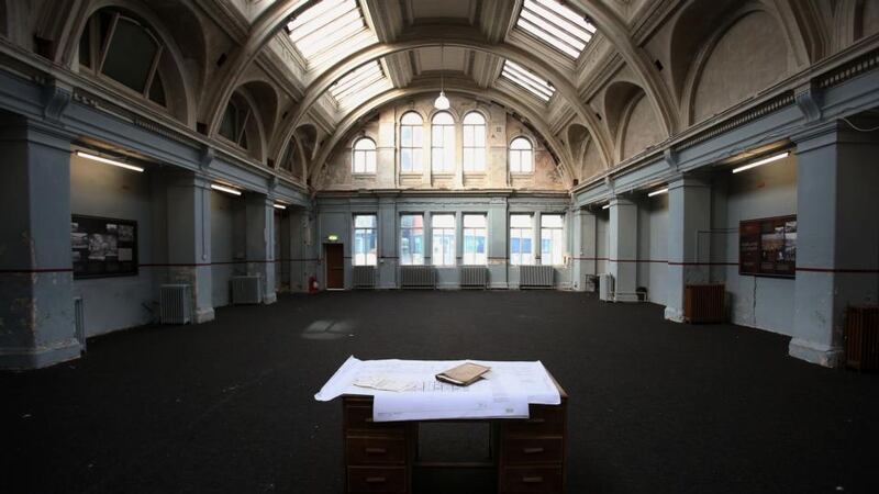Plans for the proposed hotel on a desk in the Harland and Wolff drawing offices, where the RMS Titanic was designed. Photograph: Brian Lawless/PA Wire