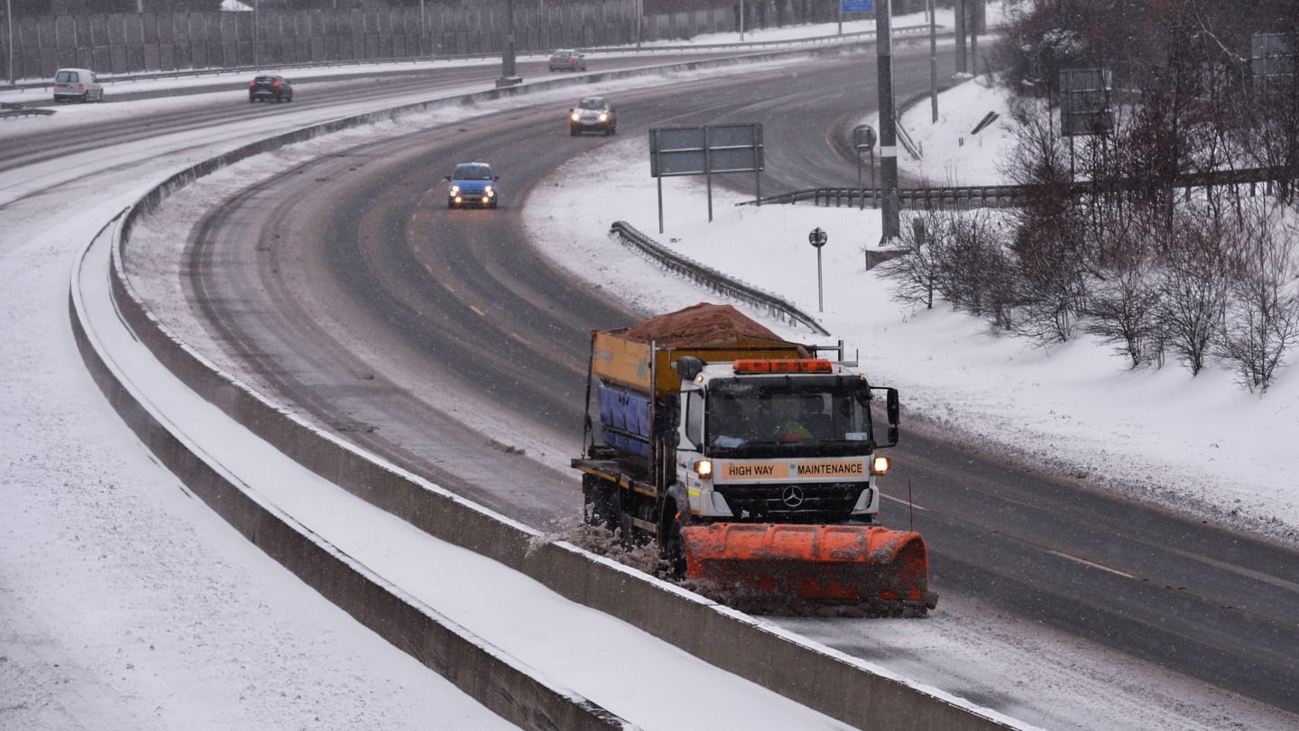 Clearing a path, a gritting snow plough on the M50 near Ballymount during the snowfall associated with Storm Emma. Photograph: Alan Betson/The Irish Times