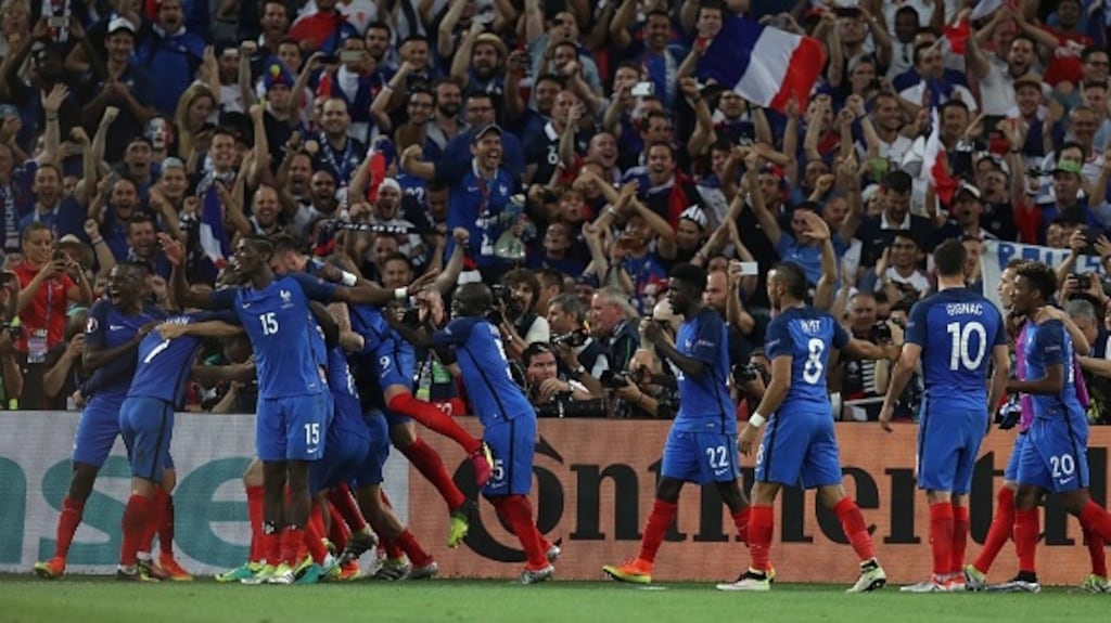 French players and supporters celebrate after their semi-final win over Germany. Photograph: Getty