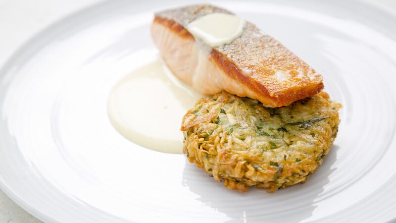 Garry O’Hanlon’s garlic and tarragon rosti with salmon and garlic cream sauce