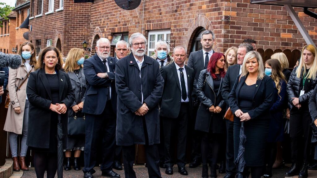 Sinn Féin leader Mary Lou McDonald, former Sinn Féin leader Gerry Adams, and Deputy First Minister Michelle O’Neill (right) among those attending the funeral of  former leading IRA figure Bobby Storey in west Belfast. Photograph: PA