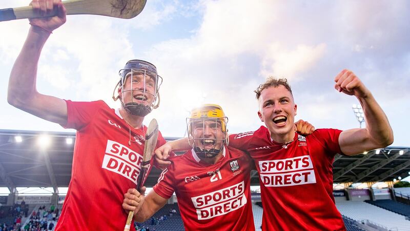 Cork’s Brian Hayes, Michael Mullins and Daniel Hogan celebrate the Munster U-20 hurling final win over Limerick. Photograph: Tommy Dickson/Inpho