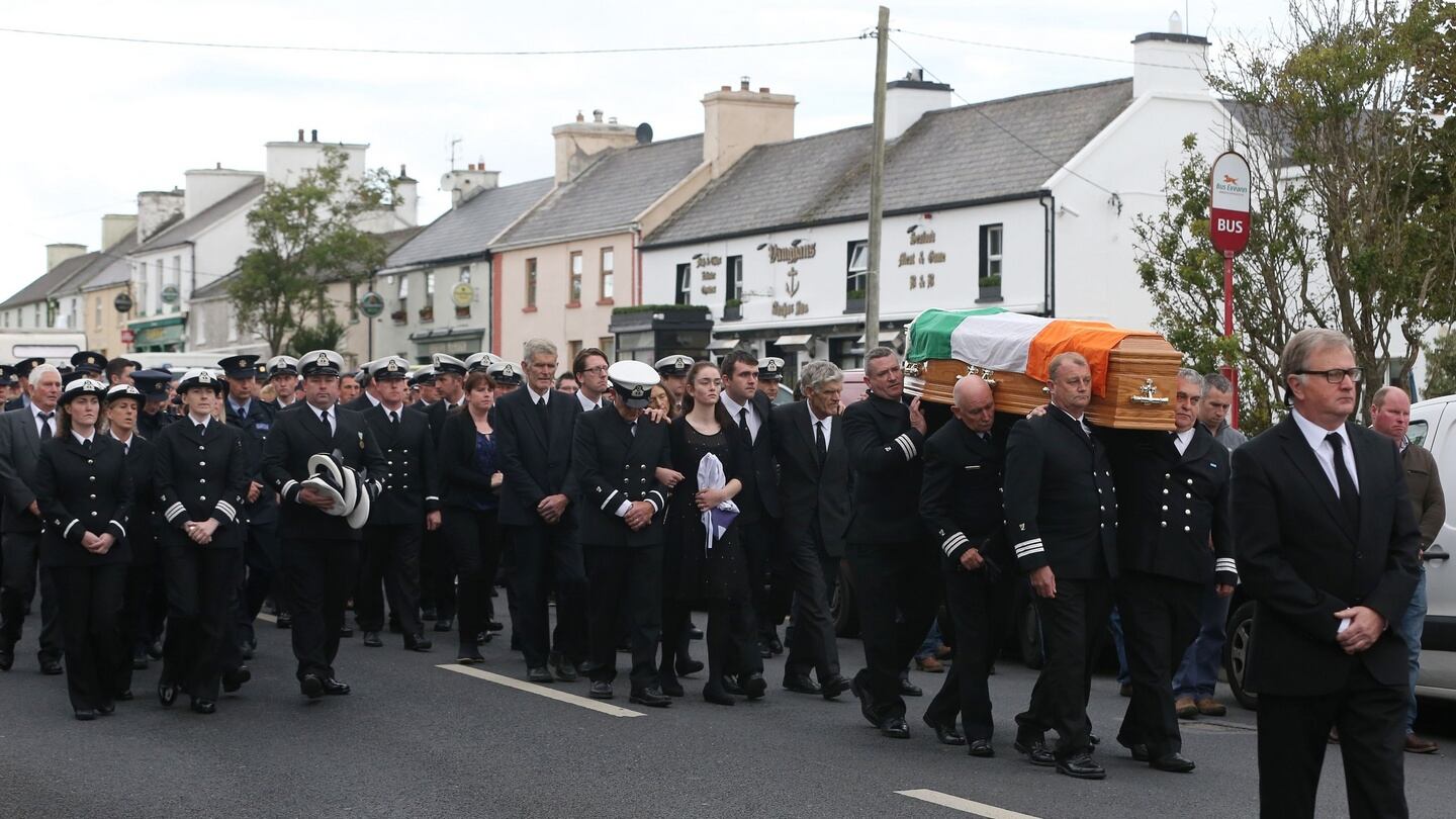 Mourners at the funeral for Coast Guard volunteer Caitríona Lucas takes place at St Brigid’s Church in Liscannor, Co Clare. Photograph: PA