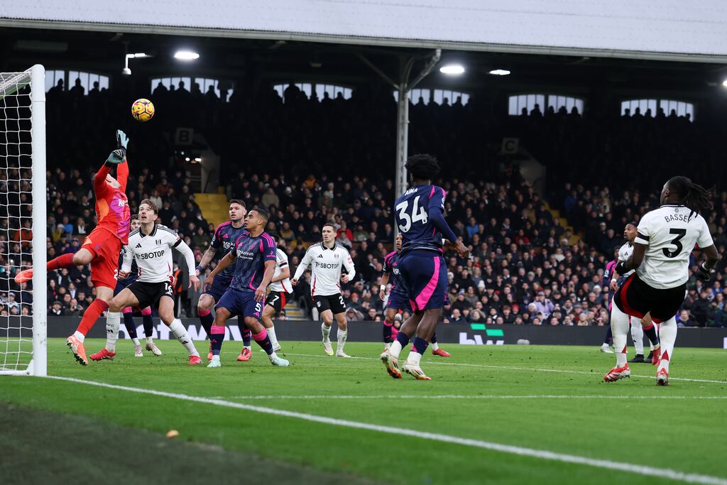 Calvin Bassey scores Fulham's second goal against Nottingham Forest at Craven Cottage. Photograph: Ryan Pierse/Getty Images