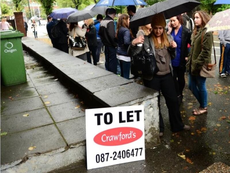 Prospective tenants gather outside a viewing: 'There is limited regulation in the short-term sector, little enforcement of what regulation there is, less wear and tear, and no Residential Tenancies Board or awkward tenants to deal with.' Photograph: Bryan O’Brien
