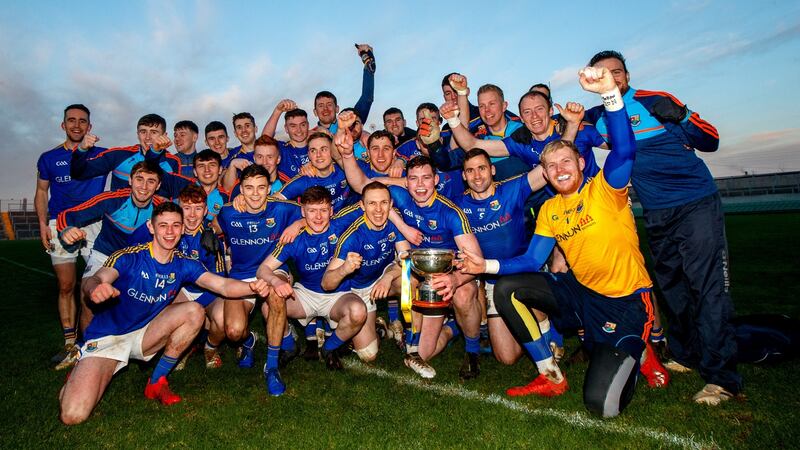 Longford celebrate their O’Byrne Cup success. Photograph: James Crombie/Inpho